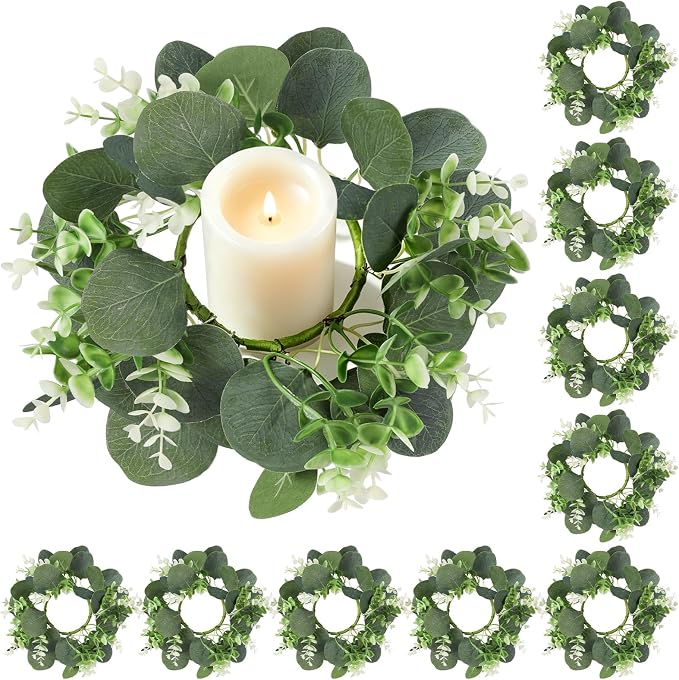 10PCS Eucalyptus Candle Rings Wreaths, Artificial Greenery Faux Kitchen Cabinet Wreath,Spring Wreath with Burlap Ribbon, Pillar Candle Holder Wreath for Porch Wall Window Farmhouse Wall Home Decor