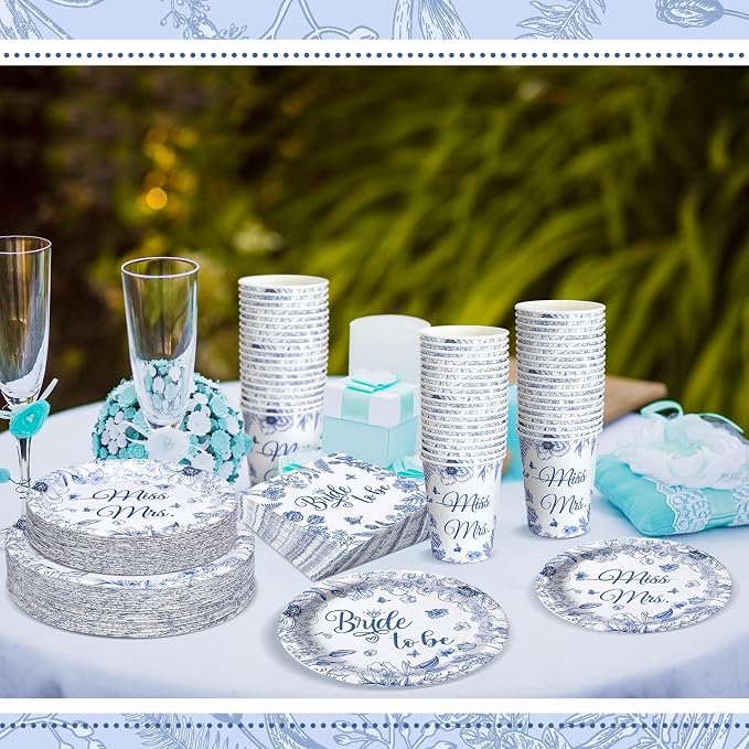 Zhehao 250 Pcs Bridal Shower Decorations Bride to Be Bridal Shower Plates Napkins Sets 50 Pcs 9'' Dinner Plates and 7'' Dessert Plate and 9oz Cups 100 Napkins Serves 50 Engagement Supplies