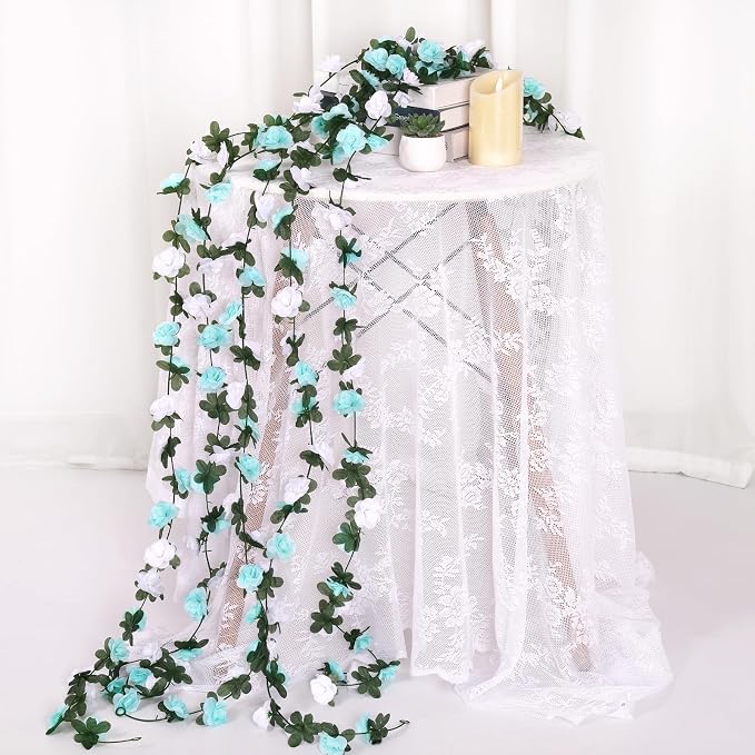 KHOYIME 9 Pack 72 FT Artificial Flower Garland, Fake Blue White Roses Vines Silk Flowers Faux Plastic Outdoor Hanging Floral Ivy Garland Decoration for Wedding Arch Bedroom Home Wall Backdrop Decor