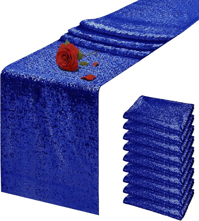 10 Packs 12 x 72 inches Royal Blue Sequin Table Runner, Glitter Runner for Birthday Party Supplies Wedding Holiday Celebration Baby Shower Engagement Anniversary Decor