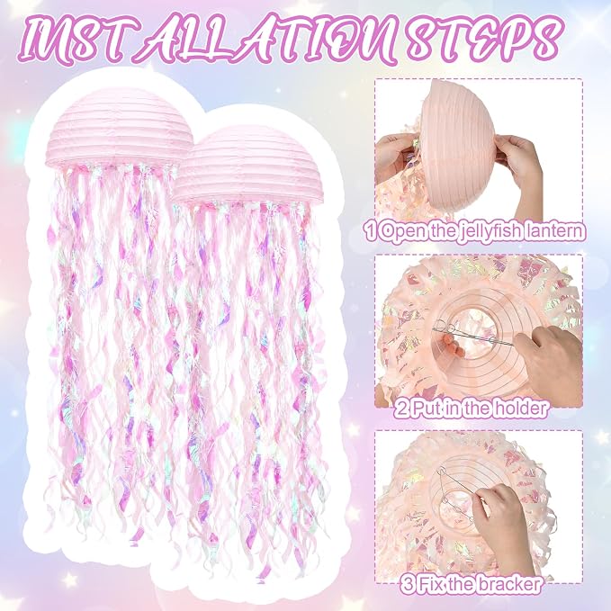 Junkin Mermaid Party Decorations Large Hanging Jellyfish Paper Lanterns 32'' Jellyfish Ornaments with Hooks Rope for Under The Sea Birthday Baby Shower Ocean Party Classroom Beach Room Decor