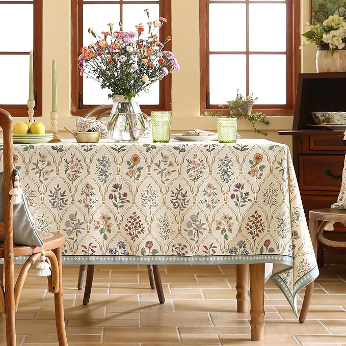 ISAENNE Designer Vintage Square Linen Large Tablecloth,67"x67"-Serenity B | Elegant Colorful Floral Pattern Beautiful Durable Heavyweight Decor Table Cloth for Dining Tea Party Kitchen Thanksgiving