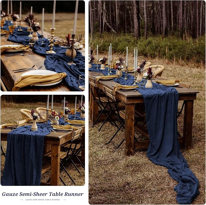 Showgeous 10 Pack Navy Blue Cheesecloth Table Runner Gauze Table Runner 10FT Long Semi-Sheer Table Runner Boho or Rustic Wedding Table Decor for Wedding Decor Arch Draping Bridal Shower Holiday Party