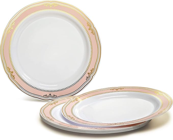 " OCCASIONS " 50 Plates Pack (25 Guests)-Wedding Party Disposable Plastic Plate Set -25 x 10.25'' Dinner + 25 x 7.5'' Salad & Dessert plates (Scalloped in White/Blush & Gold)