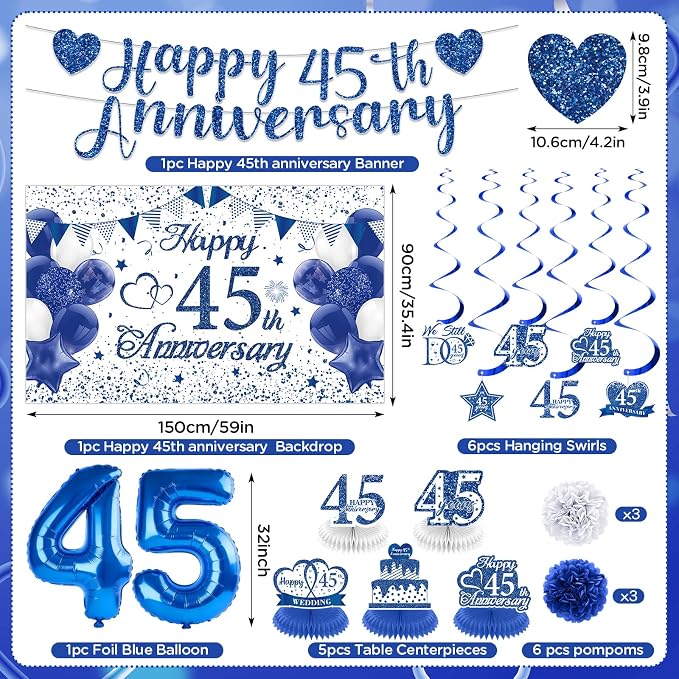 45th Wedding Anniversary Decorations Kit Blue Happy 45th Anniversary Banner Backdrop Table Honeycomb Centerpiece Hanging Swirls Poms Decor for Men Women 45 Years Wedding Anniversaries Party Supplies