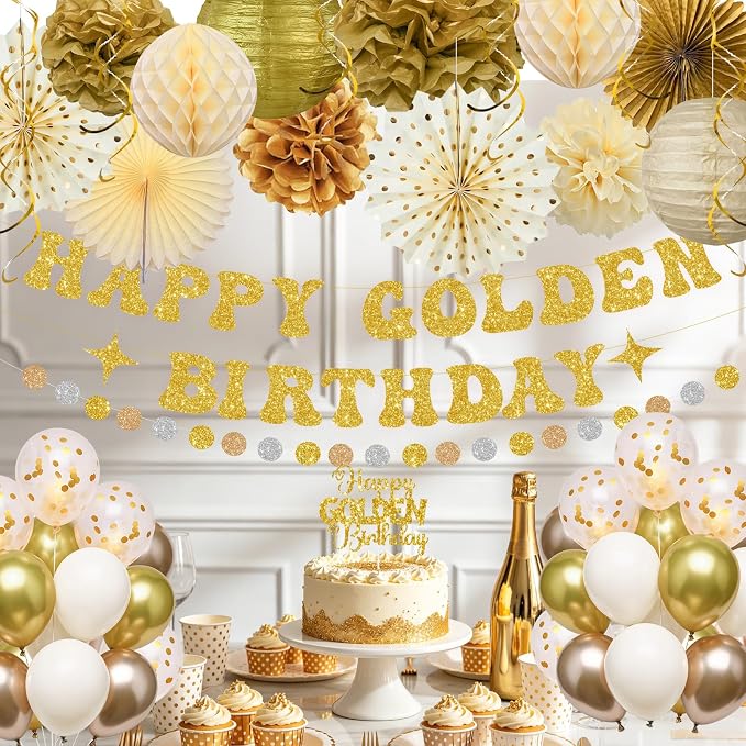 Golden Birthday Party Decorations,Gold Birthday Decorations with Happy Golden Birthday Banner,Paper Lanterns,Tissue Pom Poms,Fan,Gold Cream Balloons for Women Men,Photo Backdrop Decor,Gold Party