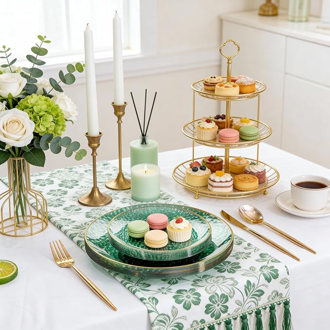 Rubtlamp 60 Green Plastic Plates, Hammered Clear and Gold Disposable Plates, Grenn Disposable Plates Include 30 Dessert Platos, 30 Dinner Platos for Party