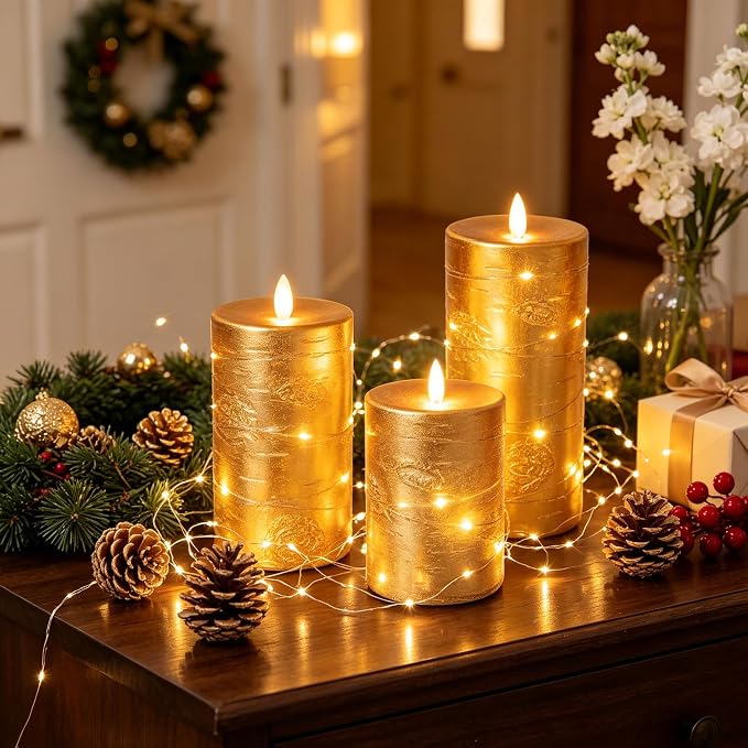 Da by 3 Pack Gold Wax Flameless Taper Candles, Realistic Flickering LED Candles with Surrounding Fairy String Lights, Soft Warm Light Battery Candles with Remote for Indoor Outdoor Decor