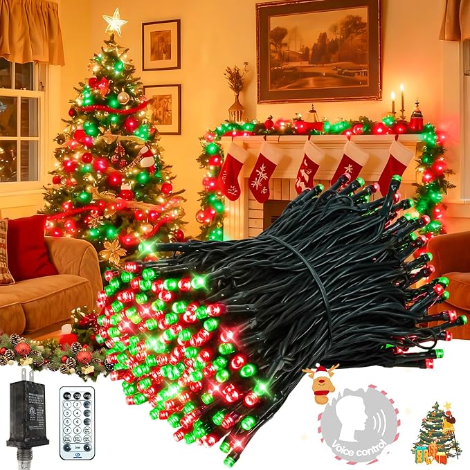2026 New Voice Control 88ft 240LED Smart Christmas String Lights Outdoor/Indoor | String Lights with Remote, 12Modes, 7Voice Commands & Timers, Christmas Twinkle Light for Xmas Tree Decor(Red & Green)