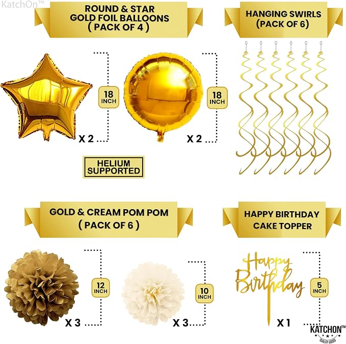 KatchOn, Gold Birthday Decorations Set - Pack of 45 | Happy Birthday Banner, Star Balloons, Pom Poms, Balloons for Gold Party Decorations | Bday Decorations for women, Men