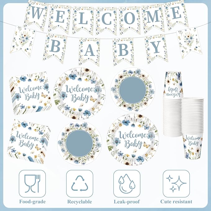 LemonRoad 128 Pcs Blue Floral Baby Boy Shower Party Decorations for 25 Guests, Wildflower Welcome Baby Shower Paper Plates Napkins Cups Tablecloth Forks Banner for Spring Gender Reveal Party Supplies