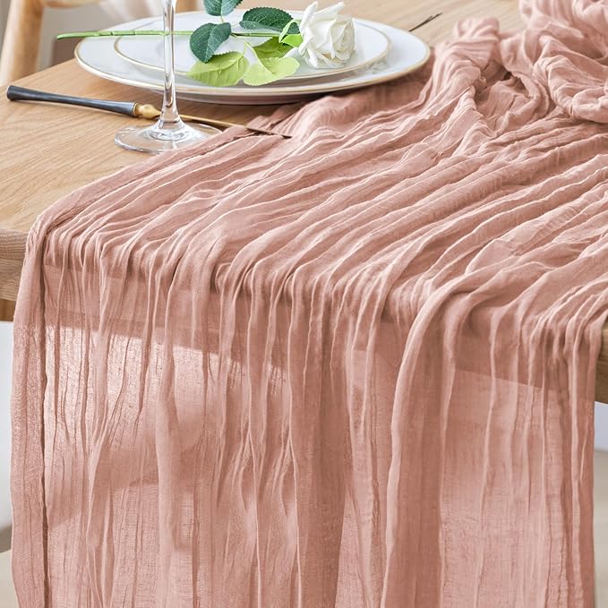 Table Runner Cheesecloth 10FT Dusty Pink Boho Gauze Cheese Cloth Rustic Sheer Table Runners for Summer Wedding Bridal Baby Shower Party Decoration