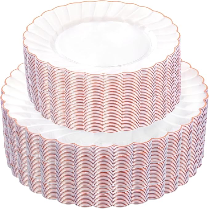 YOUBET 100PCS Rose Gold Plastic Plates - Heavy Duty Scalloped Disposable Plates Include 50 Dinner Plate, 50 Dessert Plate for Wedding & Baby Shower & Party