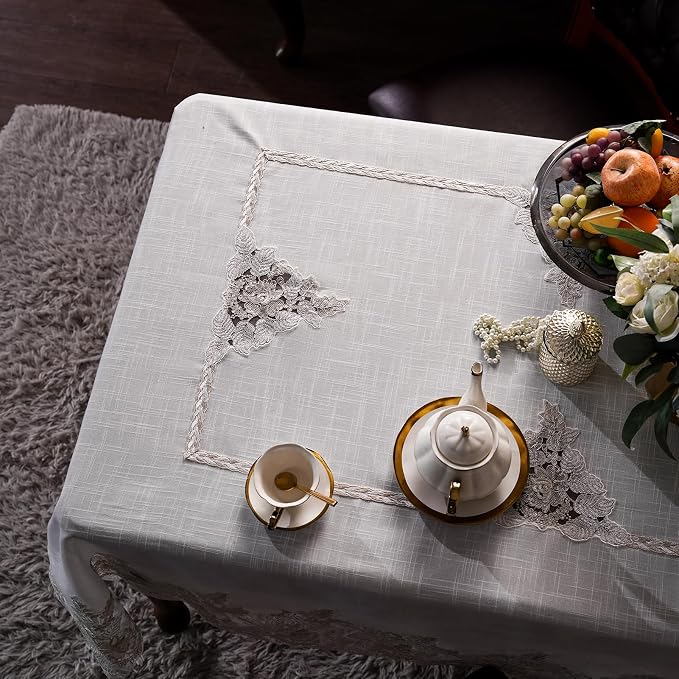 ARTABEL Cut Work Table Cloths with Lace Laser Die-Cut Exquisite Vintage Shabby Chic for Holiday Wedding Long Dinner Tables (Offwhite-1, 52 x 70 Inch)