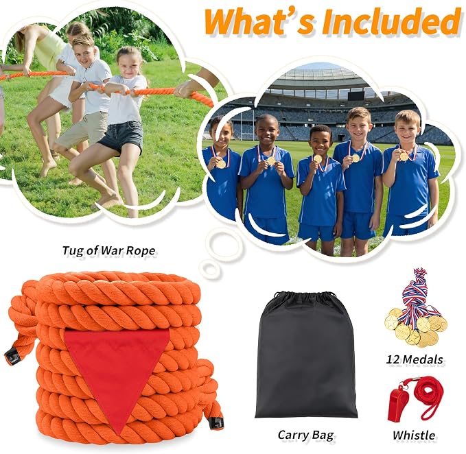 Tug of War Rope for Kids & Adults - 60ft Soft Cotton Outdoor Pulling Rope with Flag for Team Building Activities Field Day Family Reunions Birthday Parties Camping Games- Orange