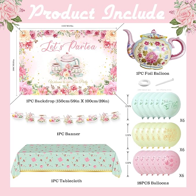 Tea Party Decorations For Women,Pastel Balloons,Tea Party Backdrop,Banner,Teapot Mylar Foil Balloon,Table Cloth,Paper pom poms Party Supplies for Girls