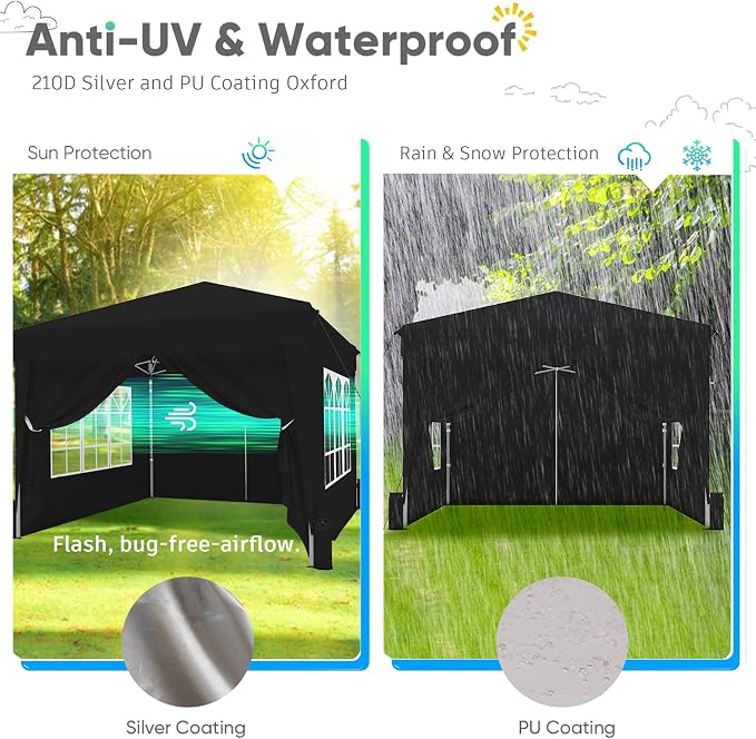 SANWAY 10x10 Pop Up Canopy with Sidewalls x 4 – Easy Setup Canopy Tent, Waterproof, UV-Resistant, Portable with Carry Bag for Outdoor Events, Camping, and Backyard Parties – Black
