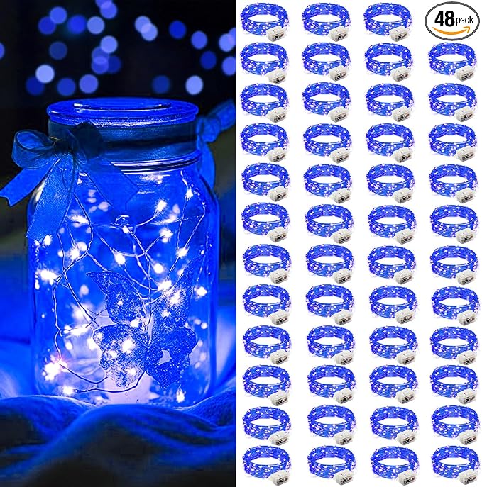 AIKEI 48 Pack LED Fairy Lights Battery Operated, Mini String Lights Waterproof 7 Feet 20 Led Firefly Starry Lamps for Wedding Party Bedroom Garden Halloween Christmas Decoration Blue