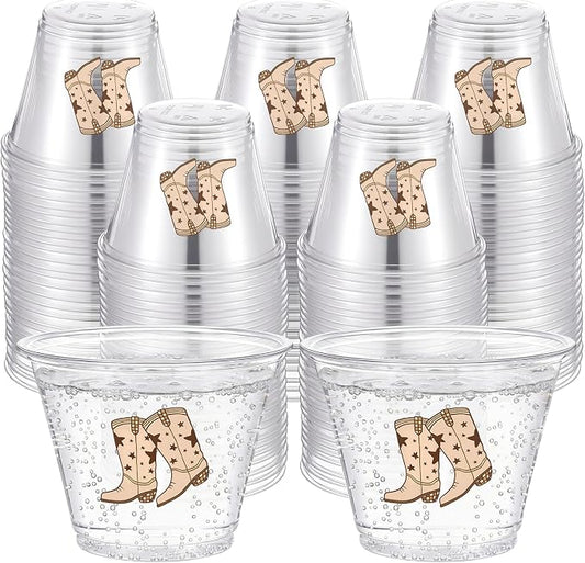 LemonRoad 100 Pack Brown Cowboy Cup 9 oz Western Cowboy Boots Disposable Clear Plastic Cocktail Cups Hot Cold Beverage Drinks for Birthday Baby Shower Western Last Rodeo Party Decorations Party Favors