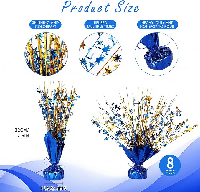 Metallic Star Spray Centerpieces 8 pack for Tables - Bulk 12.4" Foil Fountain Table Decorations for Large Events, Graduation 2026, Wedding Reception (Golden Blue Blend)