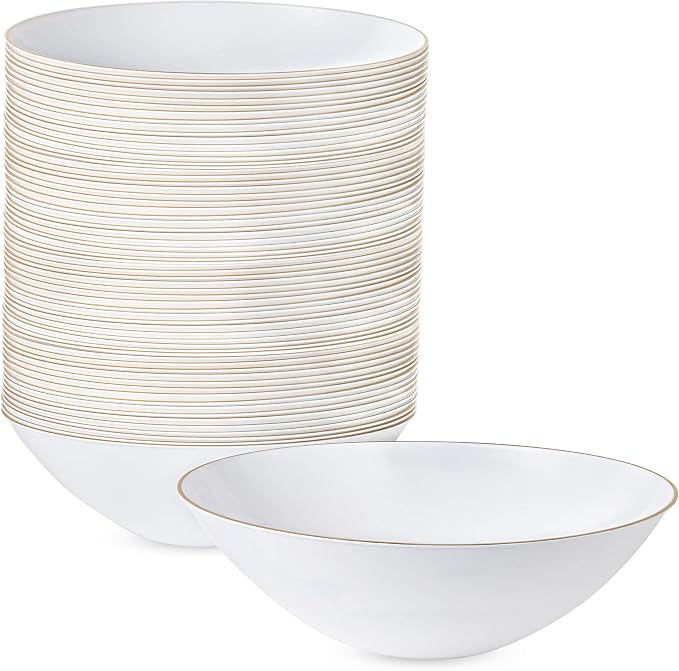 [16 OZ 40 Count] White Plastic Floral Design Party Soup bowls With Gold Rim Premium heavyweight Elegant Disposable Tableware Dishes