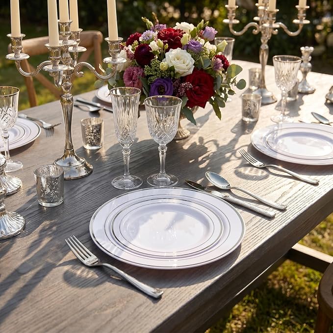 I00000 100pcs Silver Plastic Plates, Disposable Plastic Party Plates with White Silver Rim Fancy Wedding Party Plates Include 50 Dinner Plates 10.25" and 50 Dessert Appetizer Plates 7.5"