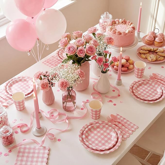 Yaomiao 168 Pcs Pink Gingham Plates and Napkins Pink Princess Party Decor Pastel Gingham Paper Plates Cups Napkin Plastic Knife Fork Spoon Serve 25 Guests Wedding Baby Shower Birthday Party Supplies