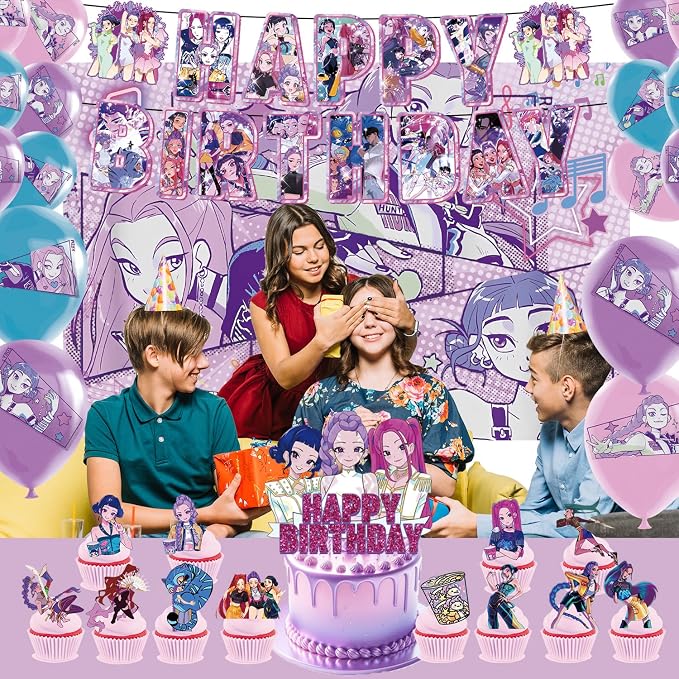 K-Pop Inspired Birthday Decorations Kit for Girls – Birthday Banner, 59 x 39.3 in Backdrop, 18 Balloons,1 Cake Topper & 12 Cupcake Toppers, Music Theme Party Supplies