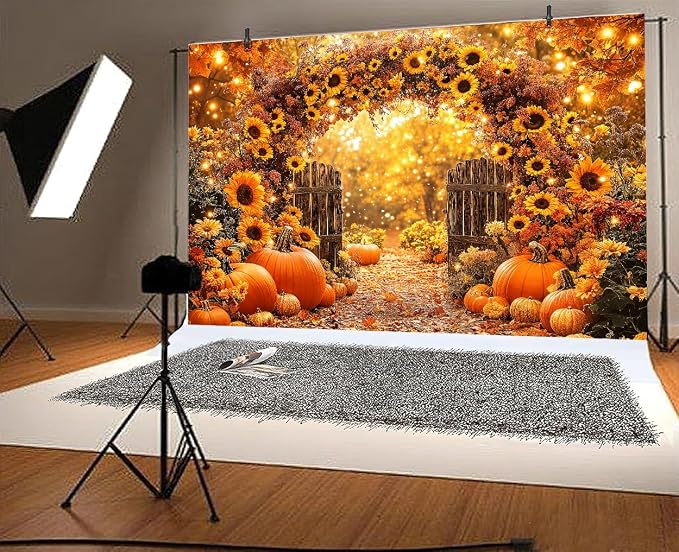 7 x 5 ft Fall Backdrop Autumn Sunflower Arch Forest Leaves Pumpkins Scenery Rustic Trail Harvest Photography Background Fall Farm Thanksgiving Party Supplies Banner Picture Photo Booth