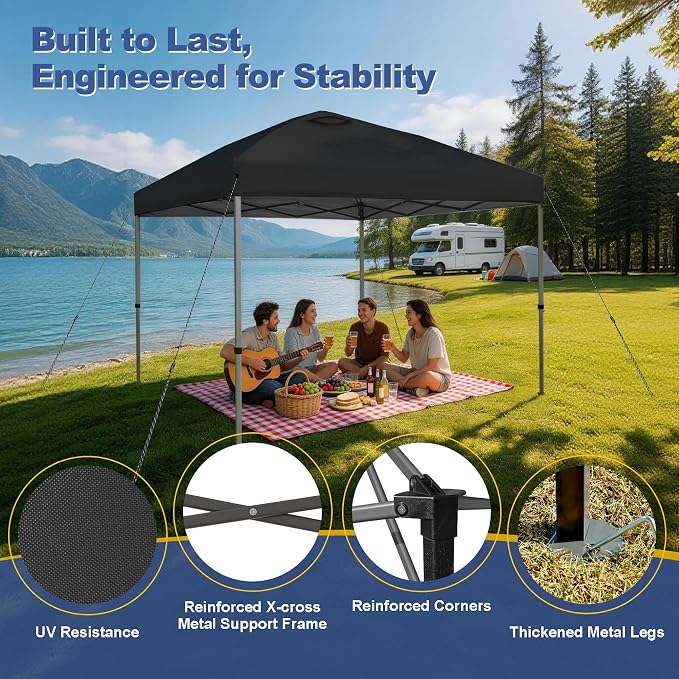 Explore Land 10x10 Pop Up Canopy with One Push Setup Heavy Duty Outdoor Sun Shade Tent for Beach,Camping,Events,Parties(Black)