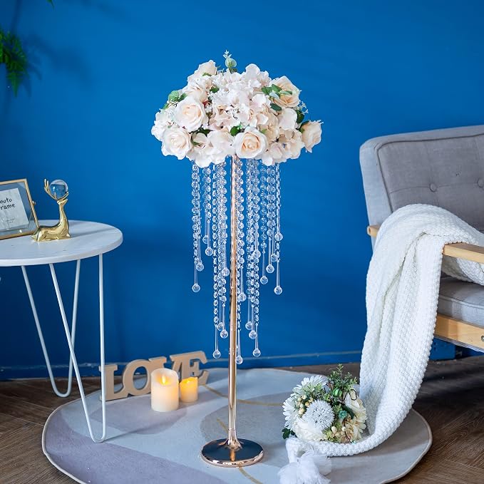 Metal Gold Vase, 29.6'' Tall, Chandelier Crystal, Elegant Design, Rust Resistant, Ideal for Wedding, Reception, Party, Events, Home Decor, 10 Pcs