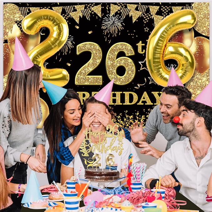 26th Birthday Decorations Men Women with 26th Birthday Banner, Black and Gold Table Cloth, Number Balloons, Large Sash, Cake Topper and Candles