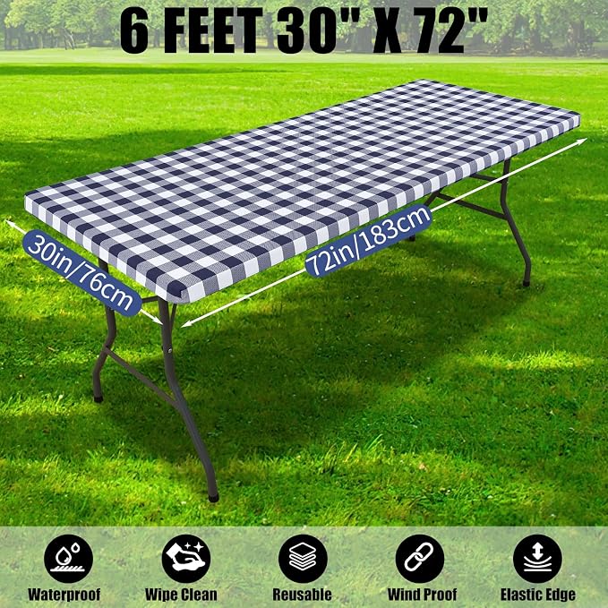 Smiry Picnic Table Cloth 4 Pack, Waterproof Elastic Fitted Tablecloths for 6FT Rectangle Tables, Washable Polyester Buffalo Plaid Tablecloth for Camping, Dining & Outdoor (Navy & White, 30" x 72")