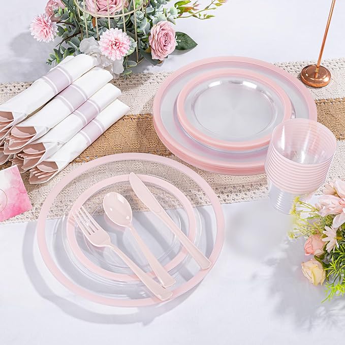 I00000 350 Pcs Clear Pink Plates for 50 Guests, Pink Dinnerware Include 100 Plates, 50 Cups, 50 Pre Rolled Napkins with Cutlery Set for Party, Wedding