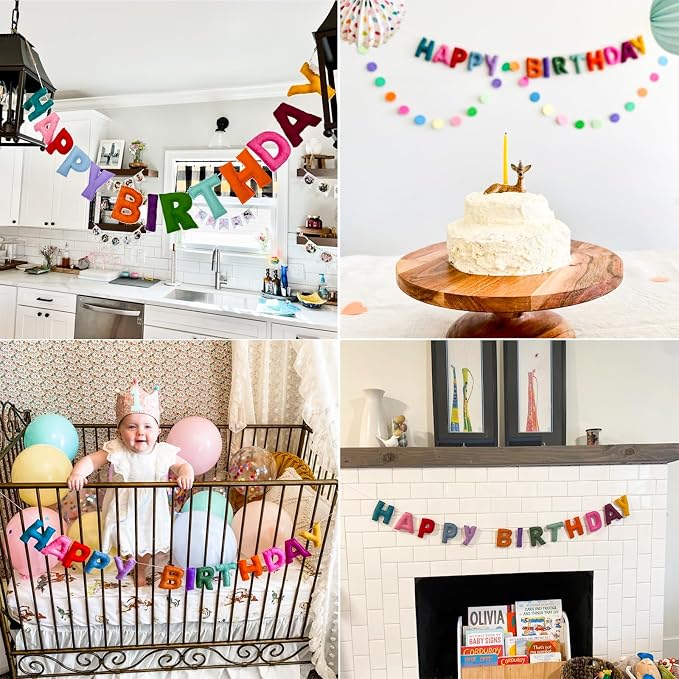 Pre-Strung Happy Birthday Banner - Felt Ball Garland, Rainbow Party Decorations, HAPPY BIRTHDAY Garland, Personalized Birthday Sign for Birthday Decor, Party Decor, Photo Prop (Colorful Happy Birthday Banner)