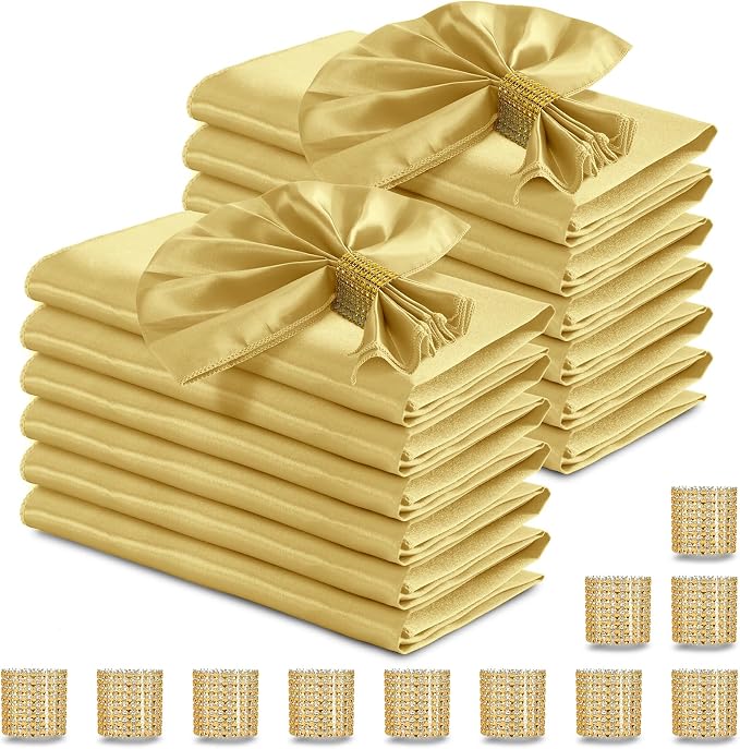 RUDONG M 100 Pcs Gold Satin Napkins and Napkin Rings Set, 17 x 17 Inch Square Cloth Napkins Set of 50, Silky Soft Table Napkins Bulk for Weddings, Banquet, Parties Dinner Decoration