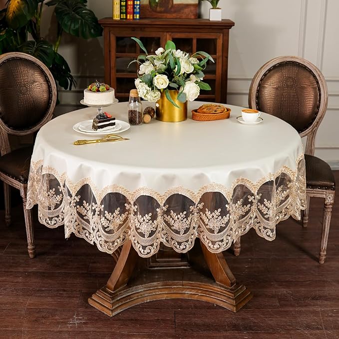 ARTABLE Lace Tablecloth Rectangle Waterproof Table Cover with Exquisite Macrame Border for Wedding Kitchen Holidays Party Decor (Beige, 60 Inch Round)