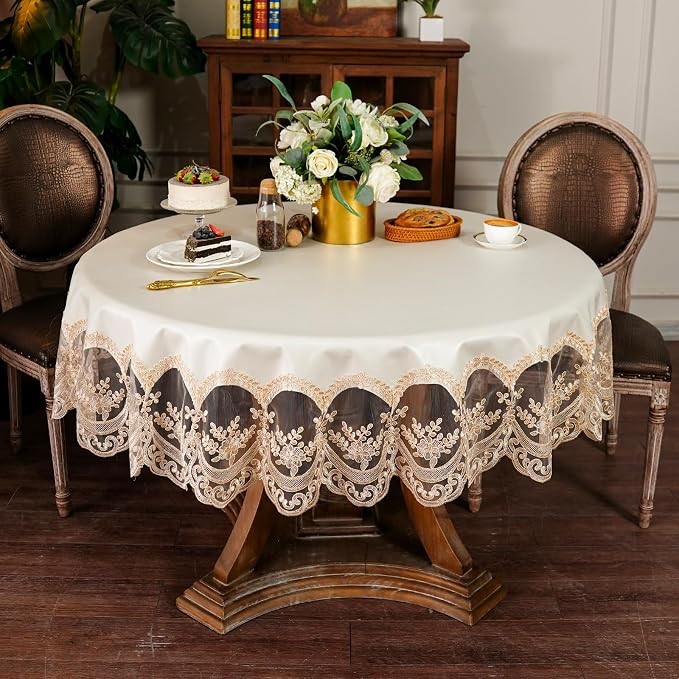 ARTABLE Lace Tablecloth Rectangle Waterproof Table Cover with Exquisite Macrame Border for Wedding Kitchen Holidays Party Decor (Beige, 70 Inch Round)