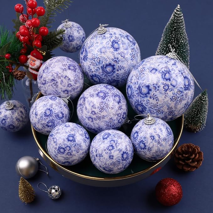 10 Pcs Chinoiserie Ornaments Plastics Ball White and Blue Christmas Tree Hanging Ornaments DIY Xmas Party Basket Table Christmas Wreath Wedding Birthday Home Decor