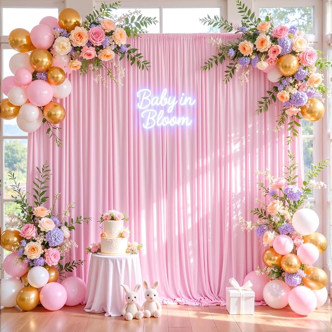 30x10ft Pink Backdrop Curtains for Parties Baby Shower Photo Wrinkle Free Pink Polyester Drapes Backdrop for Girls Birthday Party Gender Reveal Photoshoot Photography Background 6 Panels 5x10FT