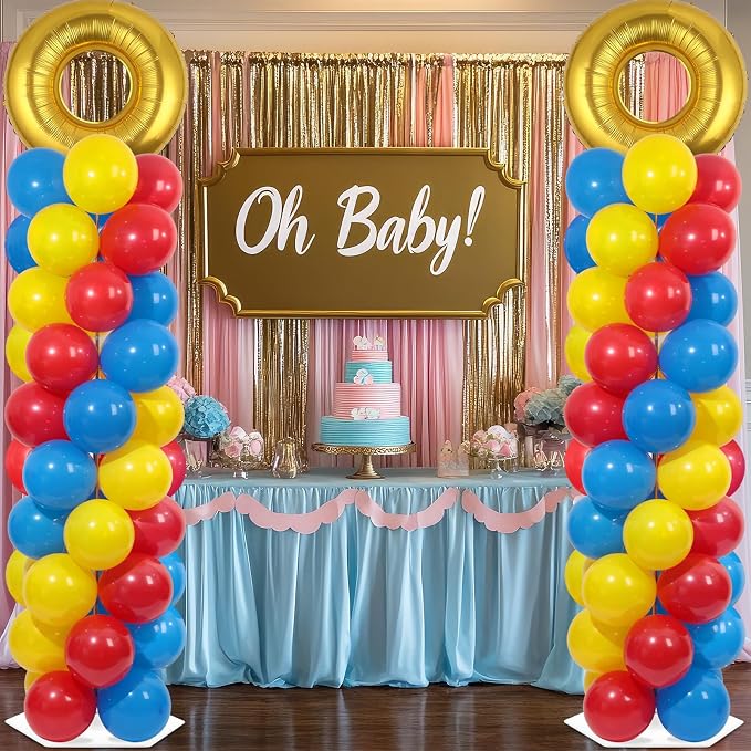 2 Sets Red Blue Yellow Balloon Column Stand Kit with 102 Balloons Ring 5.57ft Adjustable Balloon Tower Stand with Red Blue Gold Balloons Arch Column for Birthday Baby Shower Party Supplies