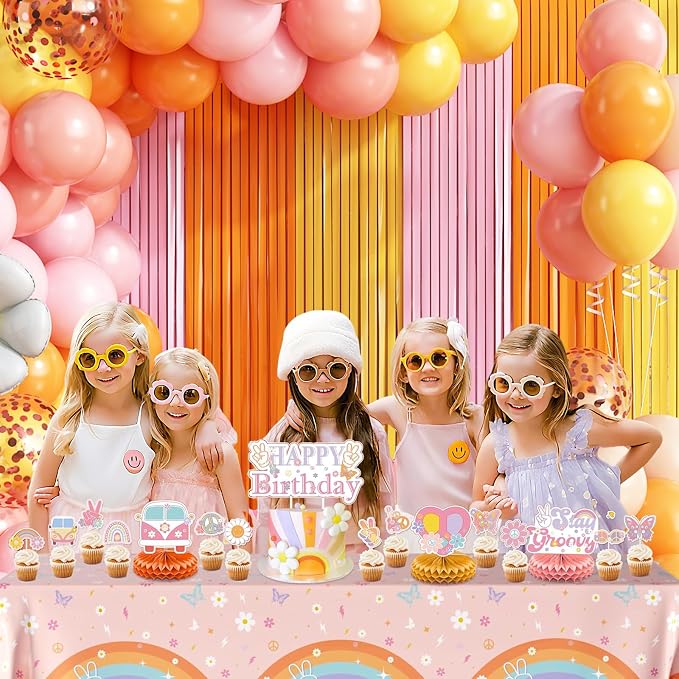 Groovy Daisy Balloon Arch Garland Kit Birthday Party Decorations, Pink Orange Yellow Foil Fringe Backdrop Tinsel Streamer for Hippie Boho Groovy One Two Flower Party Decor Supplies