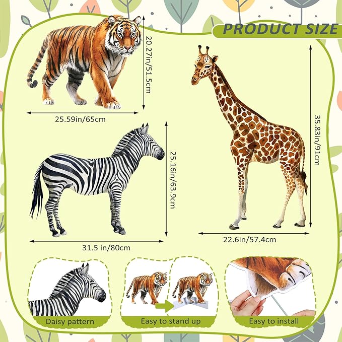 Amyhill 3 Pcs Jungle Safari Animal Cardboard Cutout Standup Life Size Safari Birthday Party Decorations Tiger Giraffe Zebra Cardboard Cutouts for Baby Shower Birthday Party Photo Backdrop Favors