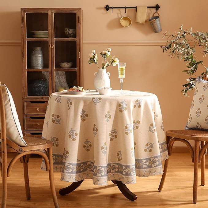 patdrea Vintage French Linen Tablecloth,Round,Diameter 67"-Istana A | Heavyweight Elegant Table Cloth for Round Table,Natural Floral Block Print,for Dining Room Tea Party Thanksgiving