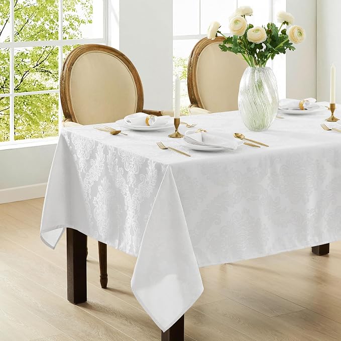 Newbridge Barcelona Luxury Damask Fabric Tablecloth, 70” Extra Wide x 168” Rectangle, White, 100% Polyester, No Iron, Soil Resistant Dining Room, Party and Banquet Table Cover
