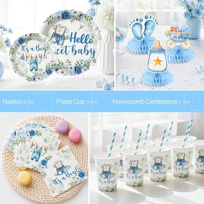 cocomigo 222Pcs Baby Boy Shower Decorations, All-in-One Blue Baby Shower Party Supplies Includes Banner, Backdrop, Cake Topper, Paper Plates and Napkins, Easy Setup Baby Shower Boy Decor, Serves 25