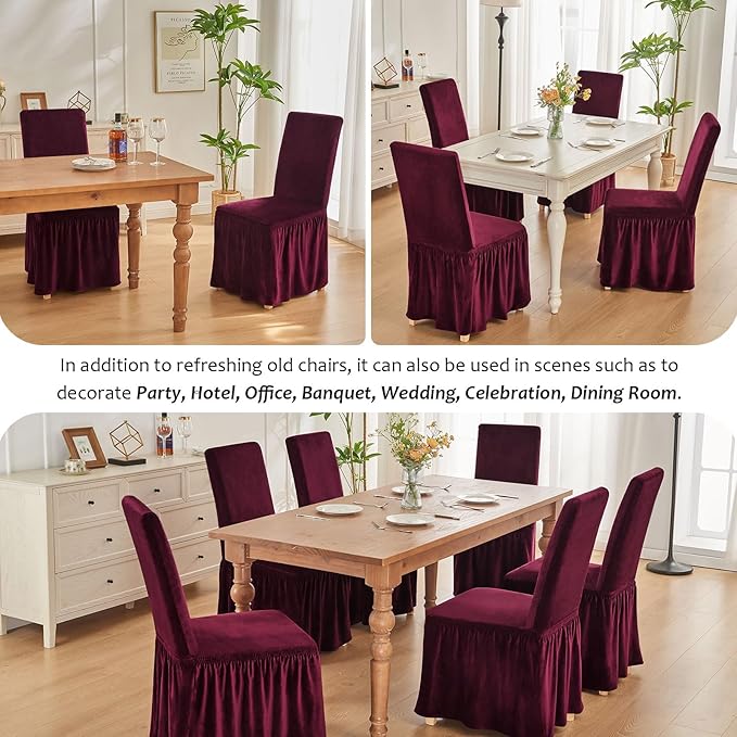 NICEEC Spandex Chair Covers for Dining Chairs Covers Set of 4 Removable Dining Room Chair Covers with Skirt Parson Chair Slipcovers Washable Chair Protector for Kitchen Wedding Party(Wine Red)