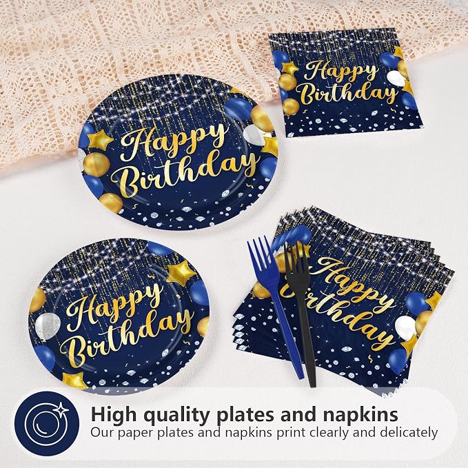 96Pcs Blue and Gold Birthday Party Decorations for Navy Blue Gold Disposable Plates and Napkins Tableware Set Happy Birthday Decorations for Men Women Bday Party Supplies Serves 24