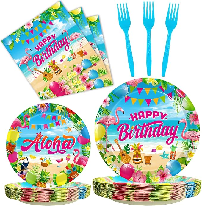 Kepeel 96 Pcs Hawaiian Aloha Party Decorations Supplies, Luau Tropical Birthday Party Plates Summer Beach Holiday Party Paper Plates Napkins Tableware Disposable Dinnerware Set , Serves 24