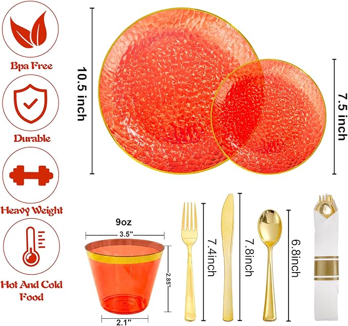 Rubtlamp 700Pcs Red Gold Plastic Dinnerware Set, Hammered Red Gold Plates, Fancy Plastic Plates Include 100 Dinner Platos, 100 Salad Platos, 100 Cups,100 Pack Pre Rolled gold plastic Silverware